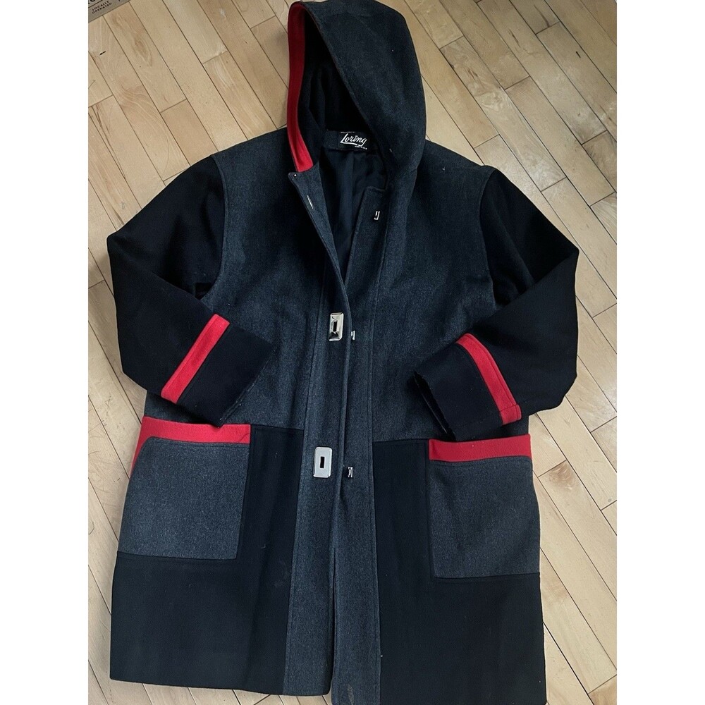 LORING Vintage Womens Hooded Wool Blend Coat Gray/Black/Red Sz L